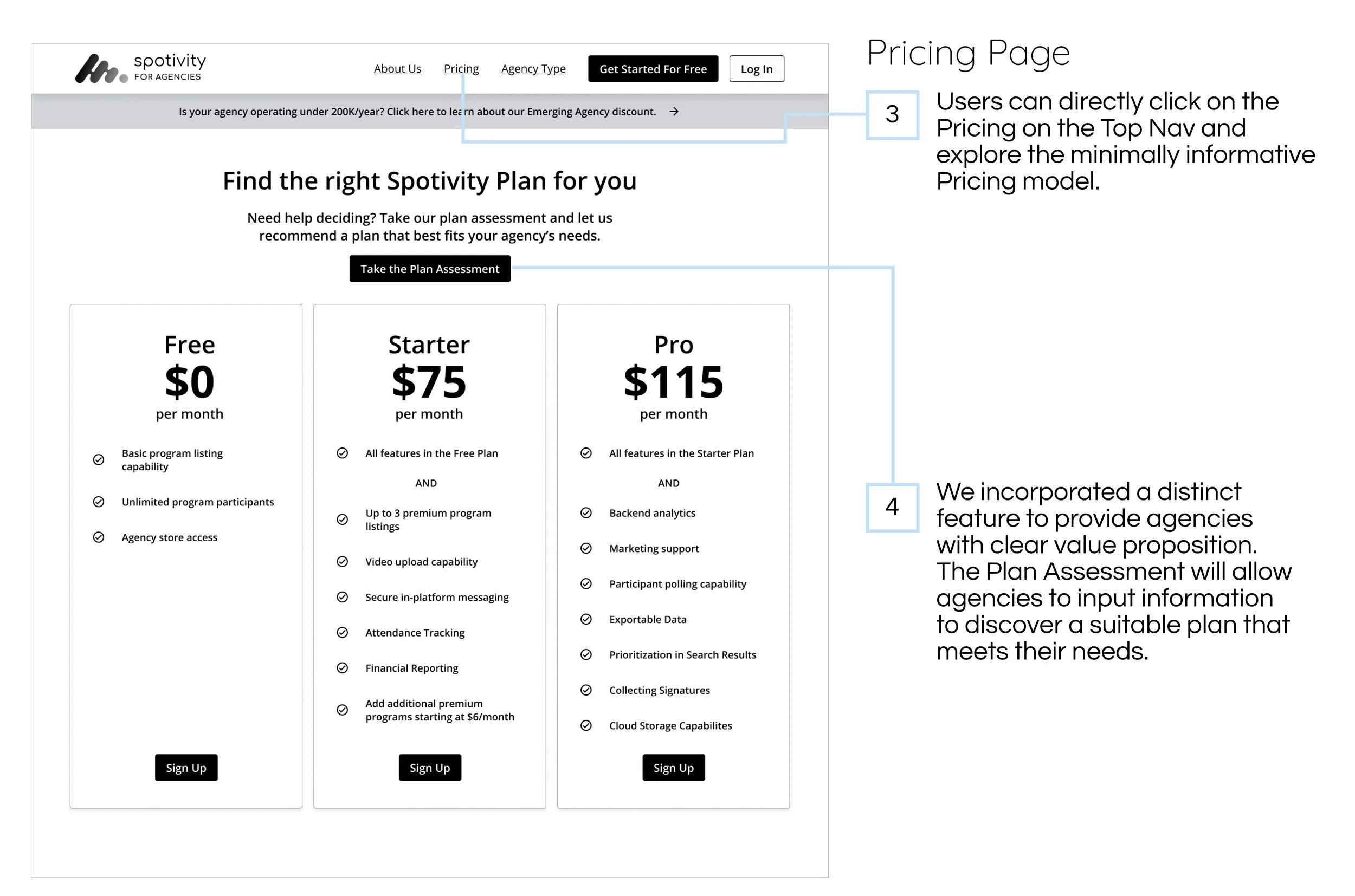 For the Pricing page Mid- Fi, we included a plan assessment feature to allow users to further understand plans, and find a suitable one for their agency’s goals.