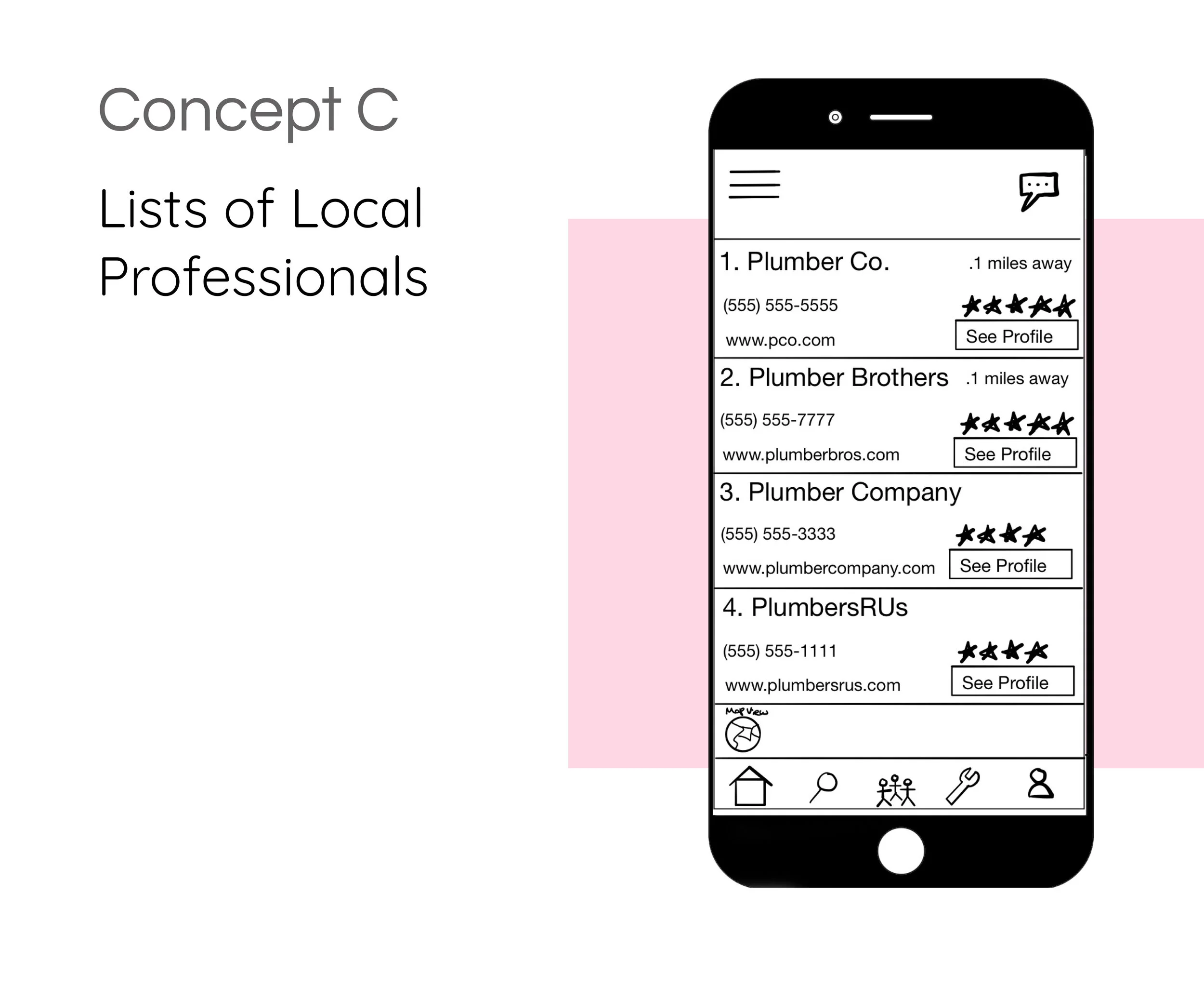 Concept C: Uses geography to connect with local professionals featuring a map and list views. This concept also 
features a community element where local users in the neighborhood (zipcode) share home services projects and offer support to others. 