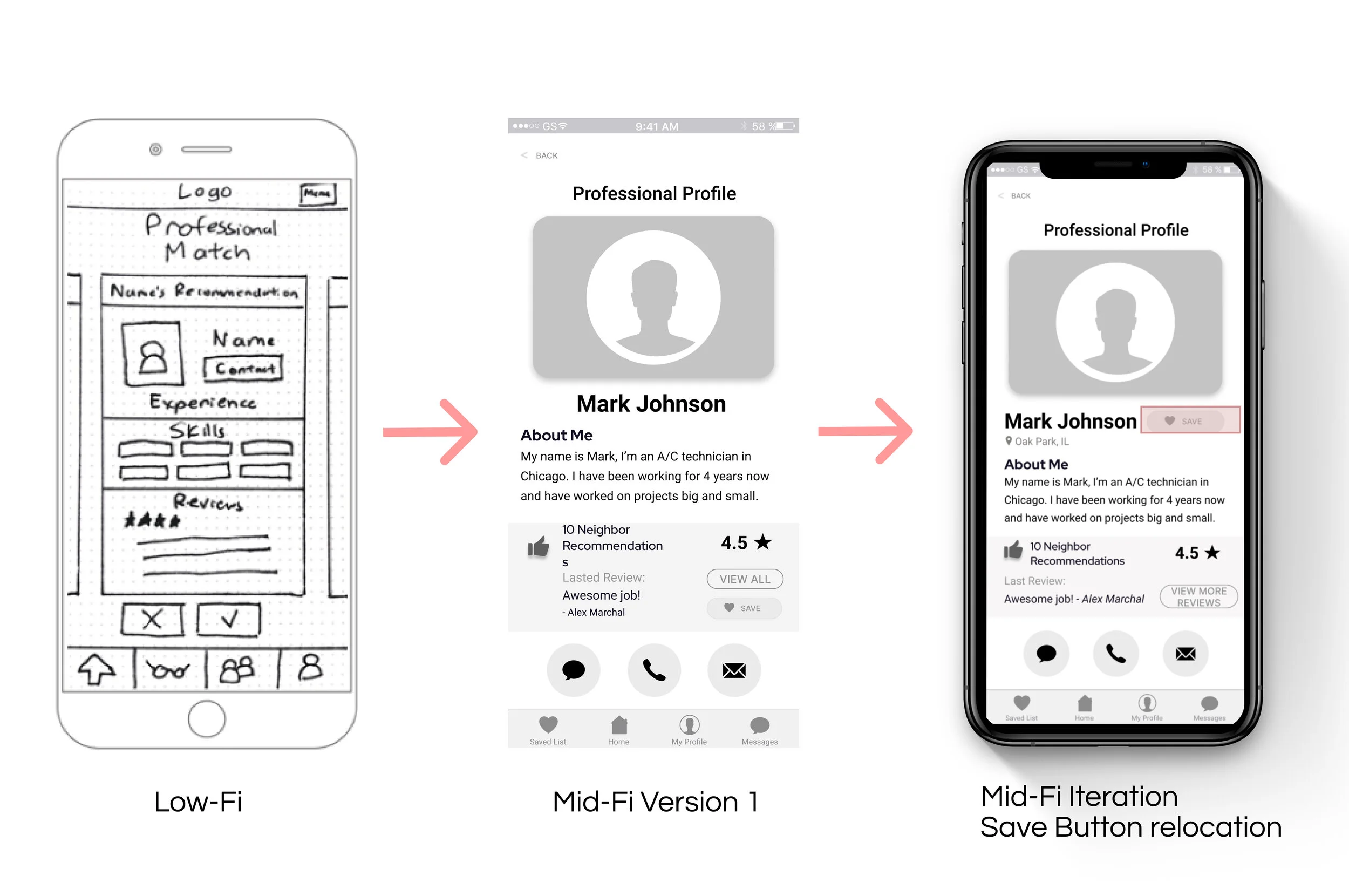 In the interest of time, we made minor iterations based on the results of Usability Testing. We prioritized the save button from Version 1 to Version 2 because Users found this button difficult to find and misunderstood the placement.