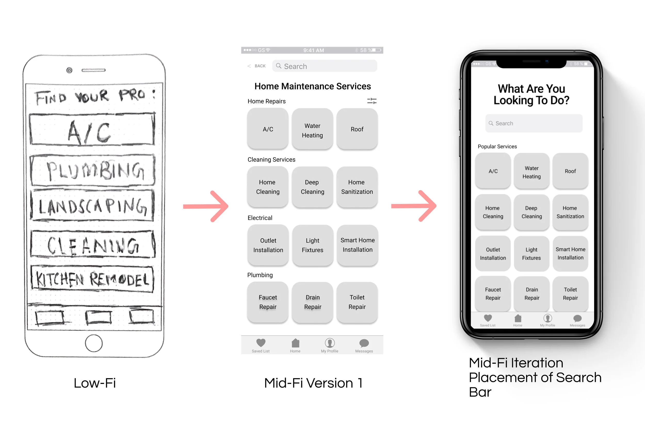 We prioritized the search bar from Version 1 to Version 2 for efficiency. We observed that Users' first instinct was to search for a category when asked to find an A/C professional despite the accessibility of A/C option.