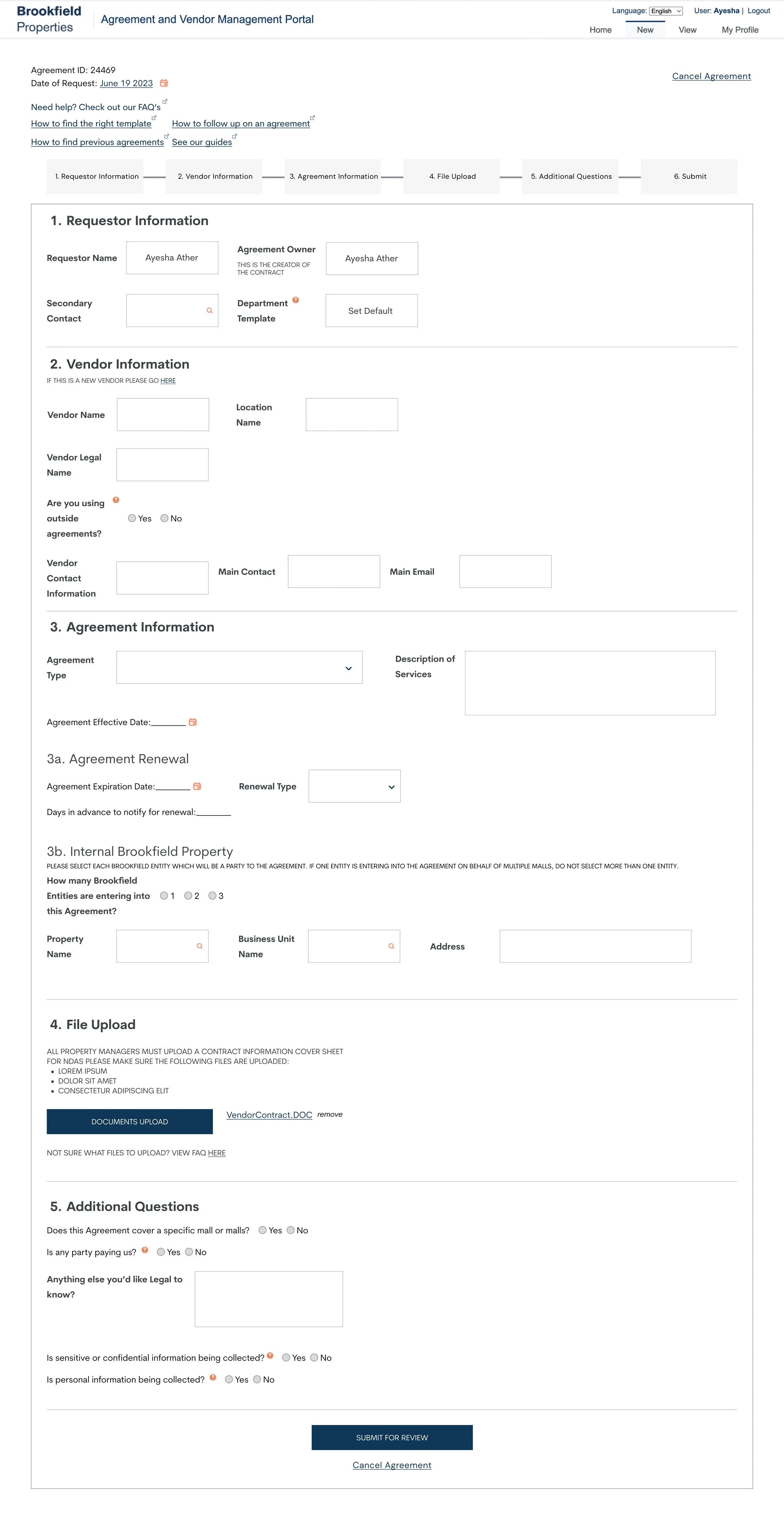 My redesign: redesigned flow based on findings from interview, fixed nomenclature, improved file upload feature, regrouped sections for clarity, added a progress status bar, reformatted fineprint text. 