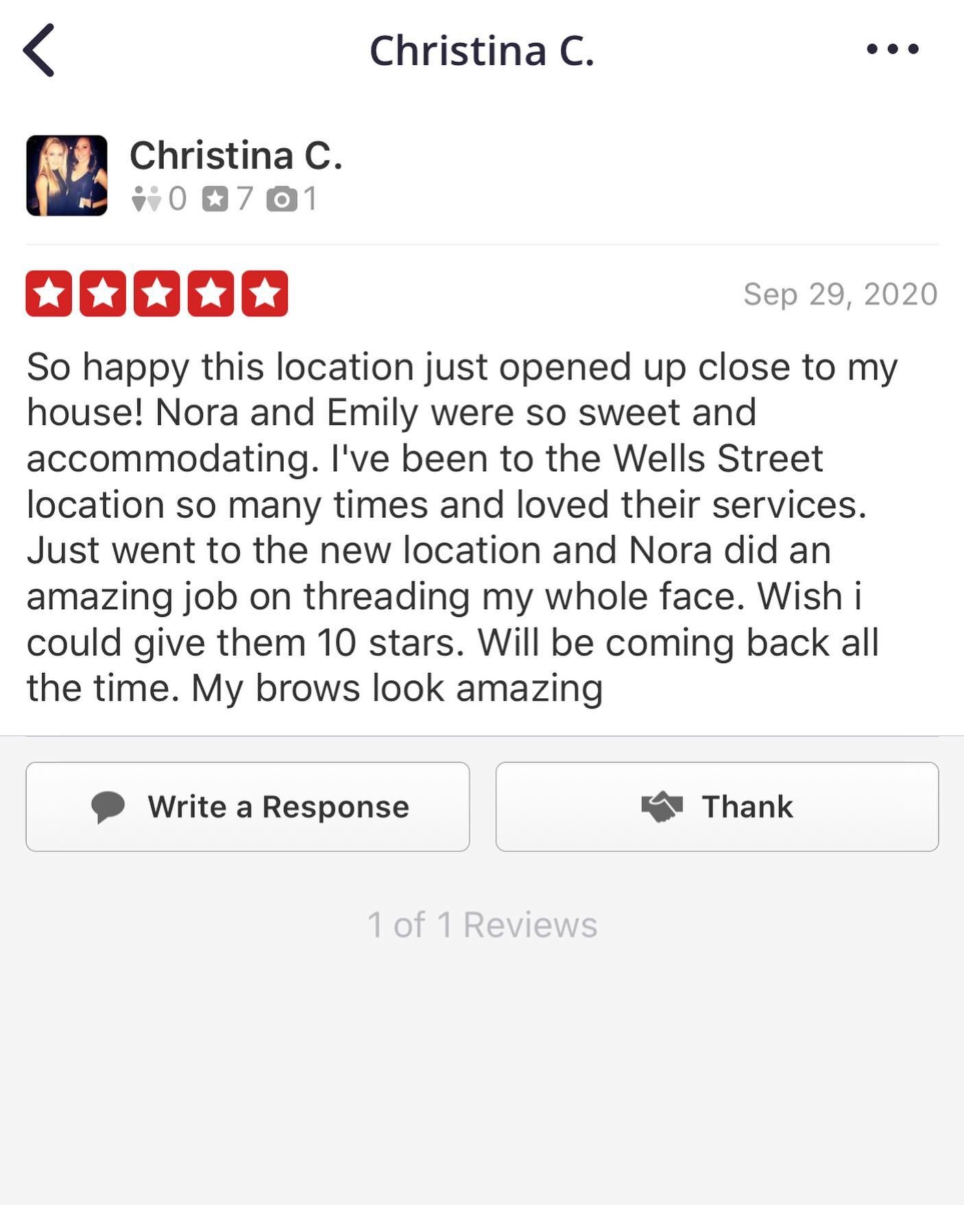 1st review for our new location🤍 Go see Nora today at 165 W Chicago (Chicago &amp; Wells)!