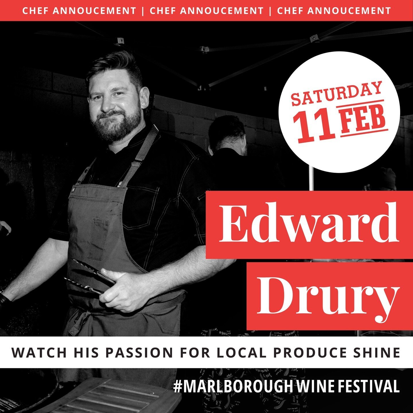 JOIN EDWARD DRURY FOR A CULINARY PAVILION COOKING DEMONSTRATION - 11:00am - 12:00pm⁠
⁠
Edward Drury, originally from the UK, has been cooking in Marlborough since 2015. His first job in his hometown of Southsea, aged 15, was in a fast-paced seafood r