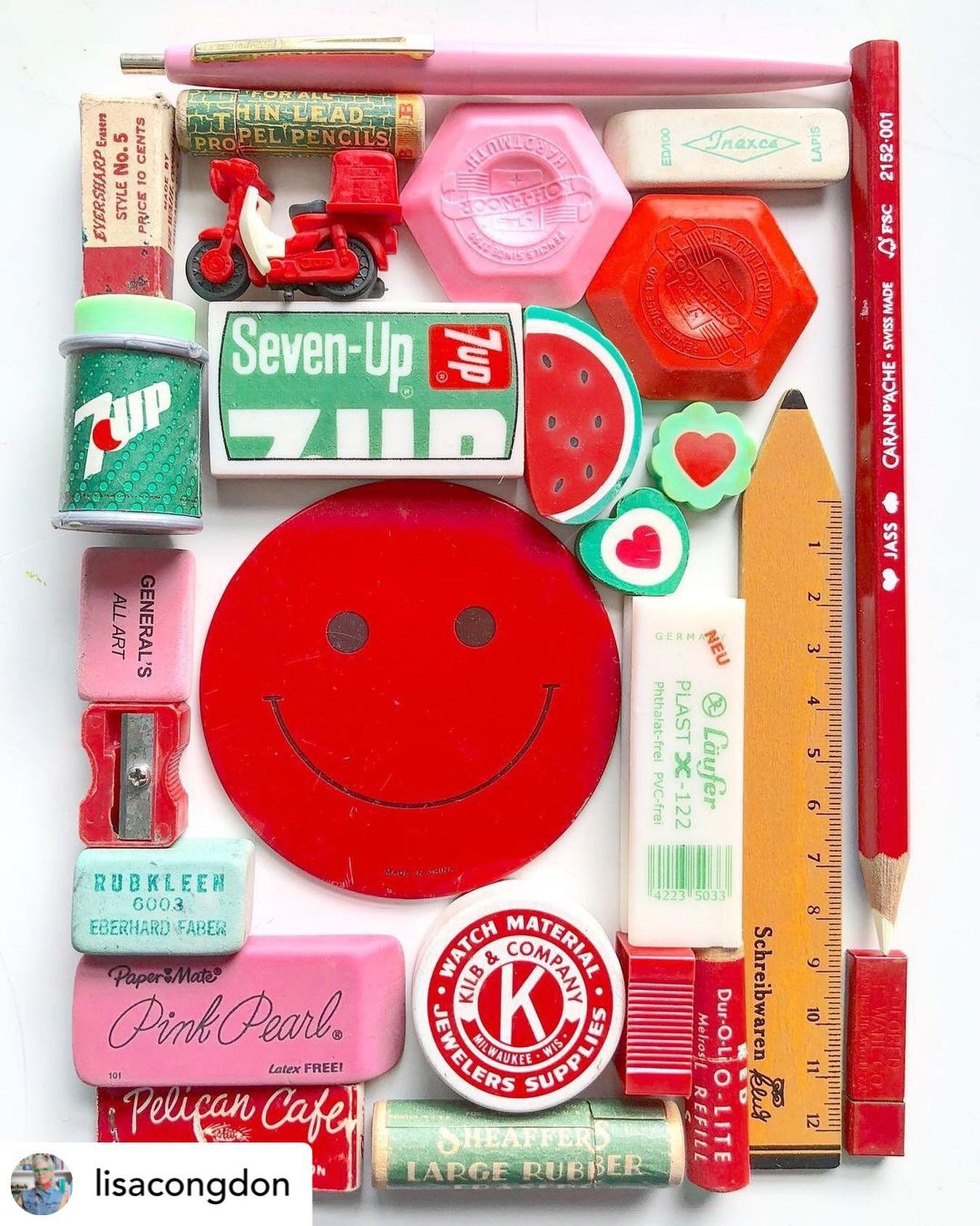 This made me smile today by the amazingly talented @lisacongdon 
All those lovely vintage erasers. I use to collect erasers, pencils, paper, envelopes, stickers, notebooks, you name it if it was colourful, scented, odd shaped, branded, matchy matchy,