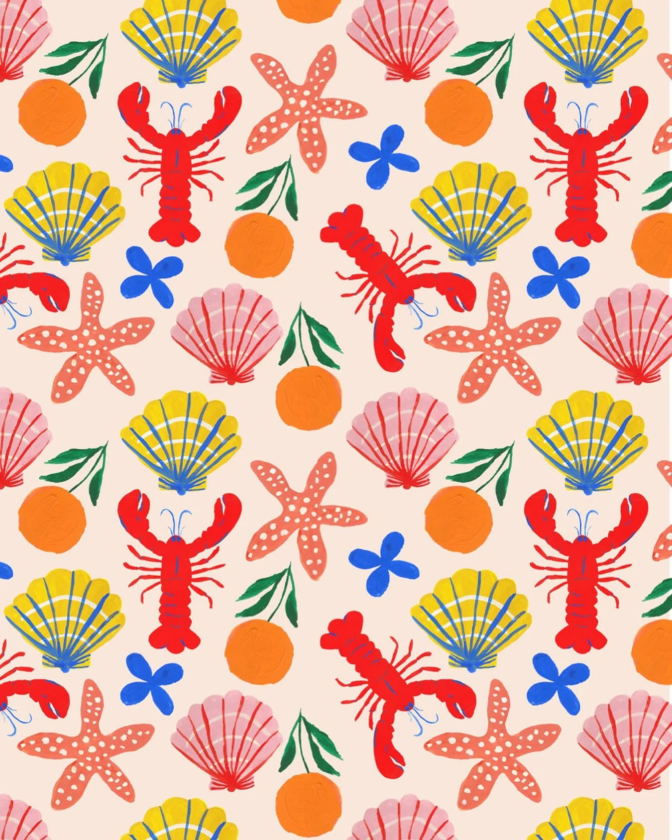 Hero pattern from my most recent collection🦞🍊🐚

#surfacepatterndesign #artlicensing #summerpalette #lobster #seashell #summervibes☀️ #surfacepatterncommunity #patterndesigner