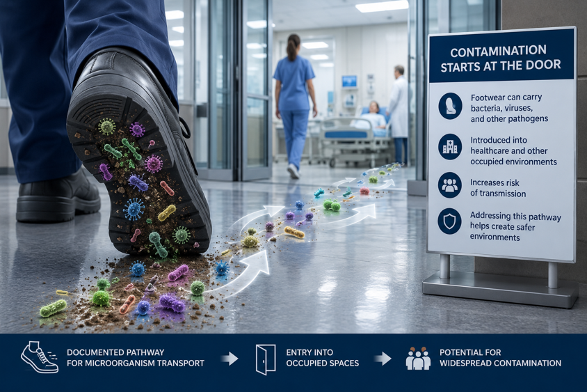 Concept illustration showing microorganisms carried on footwear and transported through a hospital entrance into an occupied healthcare environment.