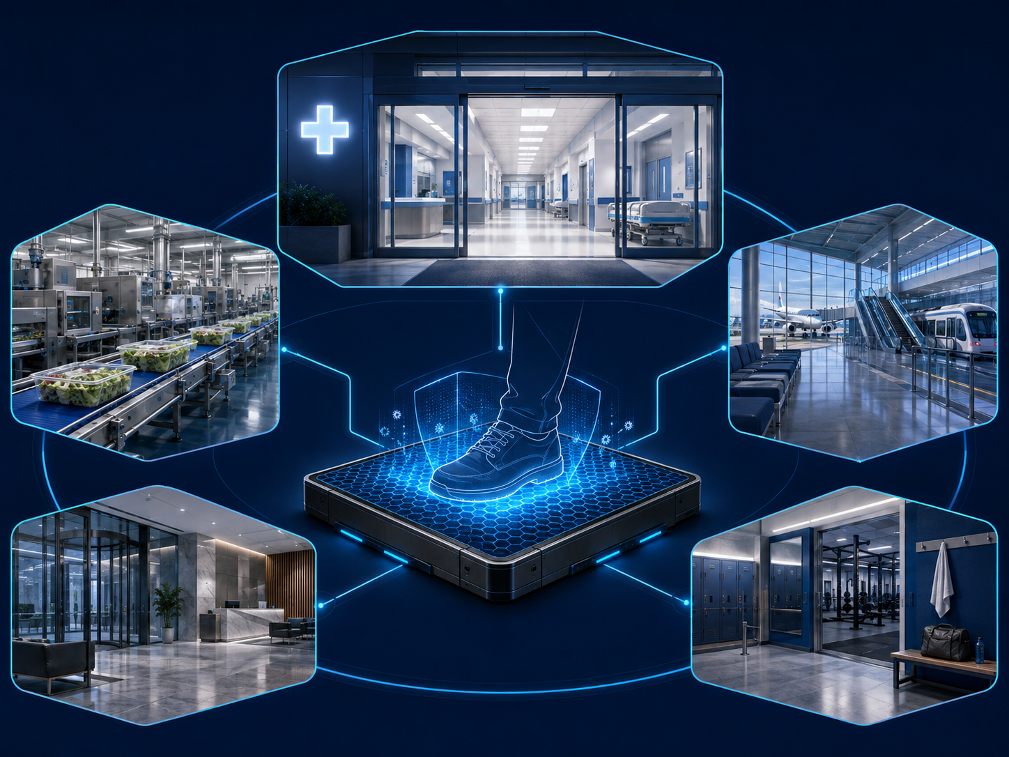 Illustration of the Infinite Shield platform connected to healthcare, food processing, airports and transit, commercial buildings, and athletics environments.