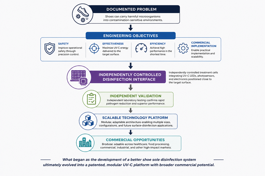 Infinite Shield engineering pathway from documented footwear contamination through precision-controlled UV-C disinfection, independent validation, scalable technology, and commercial opportunities.