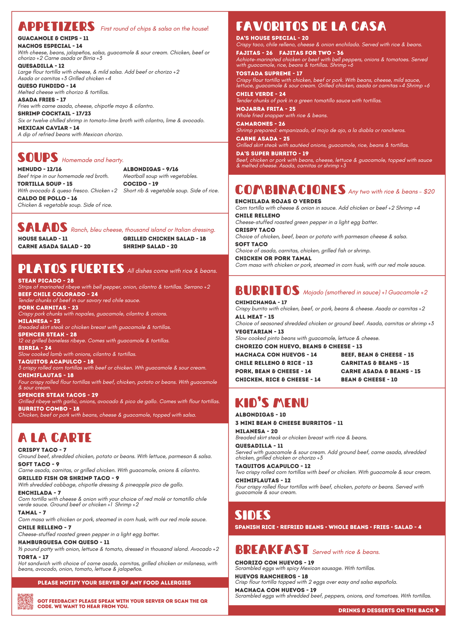 Don Antonio's food menu