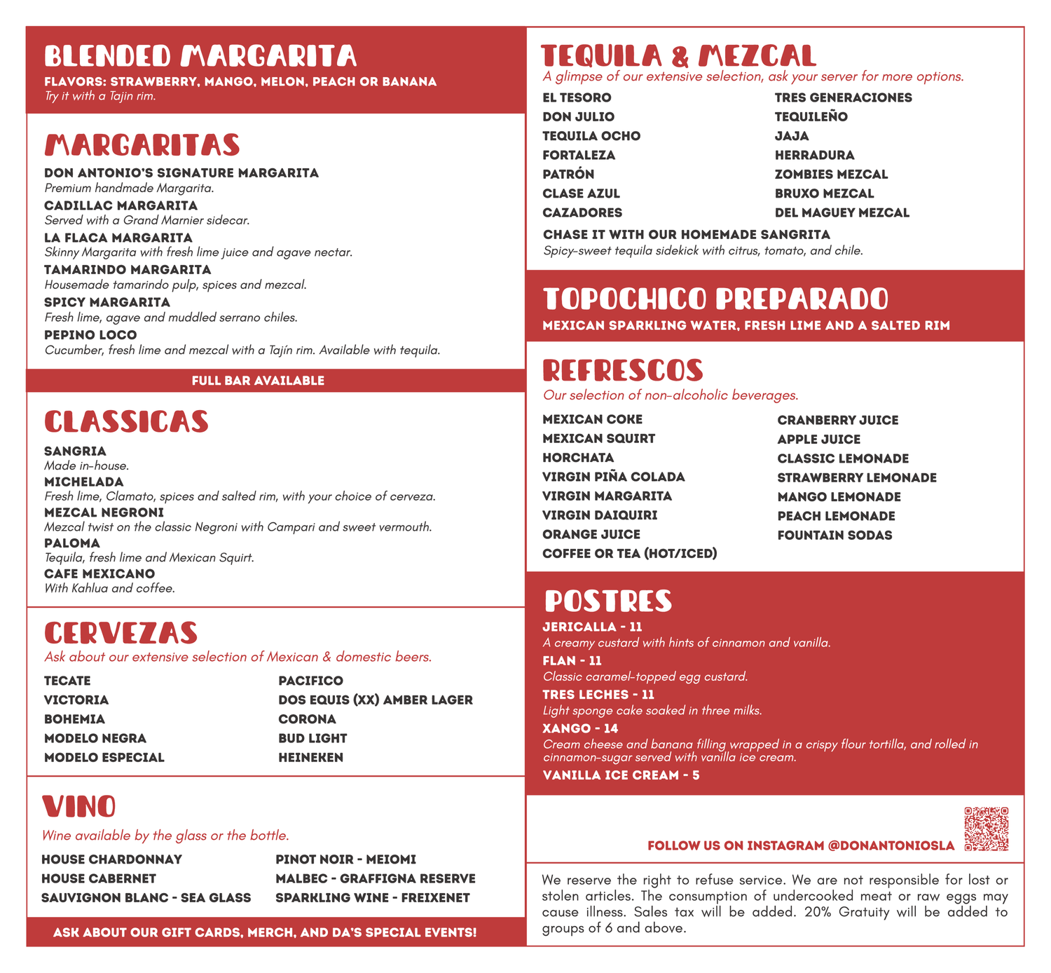 Don Antonio's drinks menu
