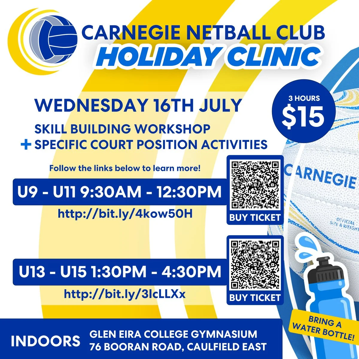 🏐 School Holiday Netball Clinic! 🏐
Level up your game these holidays with Carnegie Netball Club!

Join us for a 3-hour indoor clinic packed with fun, skill-building drills and position-specific training led by our awesome coaches 🙌

💥 Only $15 &n