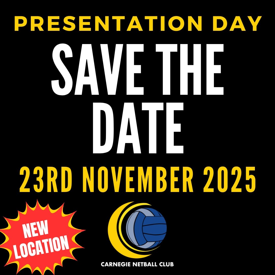 💛 Carnegie Netball Club Presentation Day 🏐
Join us as we come together to recognise our players, teams, coaches, umpires and volunteers who&rsquo;ve made 2024 such a great year both on and off the court.
📅 Sunday 23rd November 2025
📍 Dales Park, 