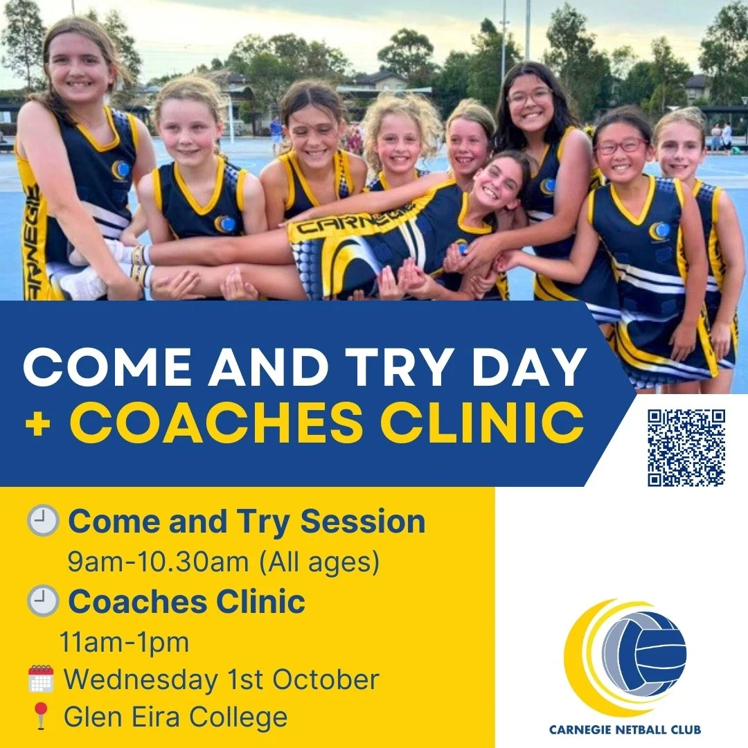 🏐 Join the Fun at Carnegie Netball Club! 🏐
Looking for a supportive, community-focused netball club where kids can learn, play and grow? Come and see what we&rsquo;re all about at our upcoming clinics and Come &amp; Try Days &ndash; it&rsquo;s the 