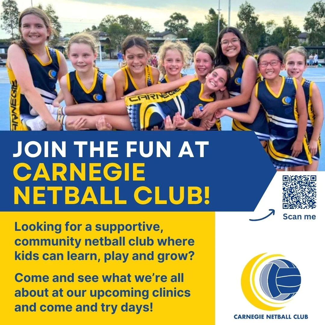 🏐 Join the Fun at Carnegie Netball Club! 🏐
Looking for a supportive, community-focused netball club where kids can learn, play and grow? Come and see what we&rsquo;re all about at our upcoming clinics and Come &amp; Try Days &ndash; it&rsquo;s the 
