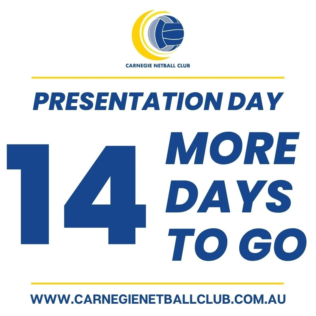 🔵🟡 Carnegie Netball Club 2025 Presentation Day 🔵🟡
Sunday 23rd November
Dales Park, 1A Washington Drive, Oakleigh South (new location!)
Join us as we celebrate another fantastic season! 🏐
Session Times:
🕐 U9 &amp; U11 &mdash; 1:00 pm &ndash; 2:0