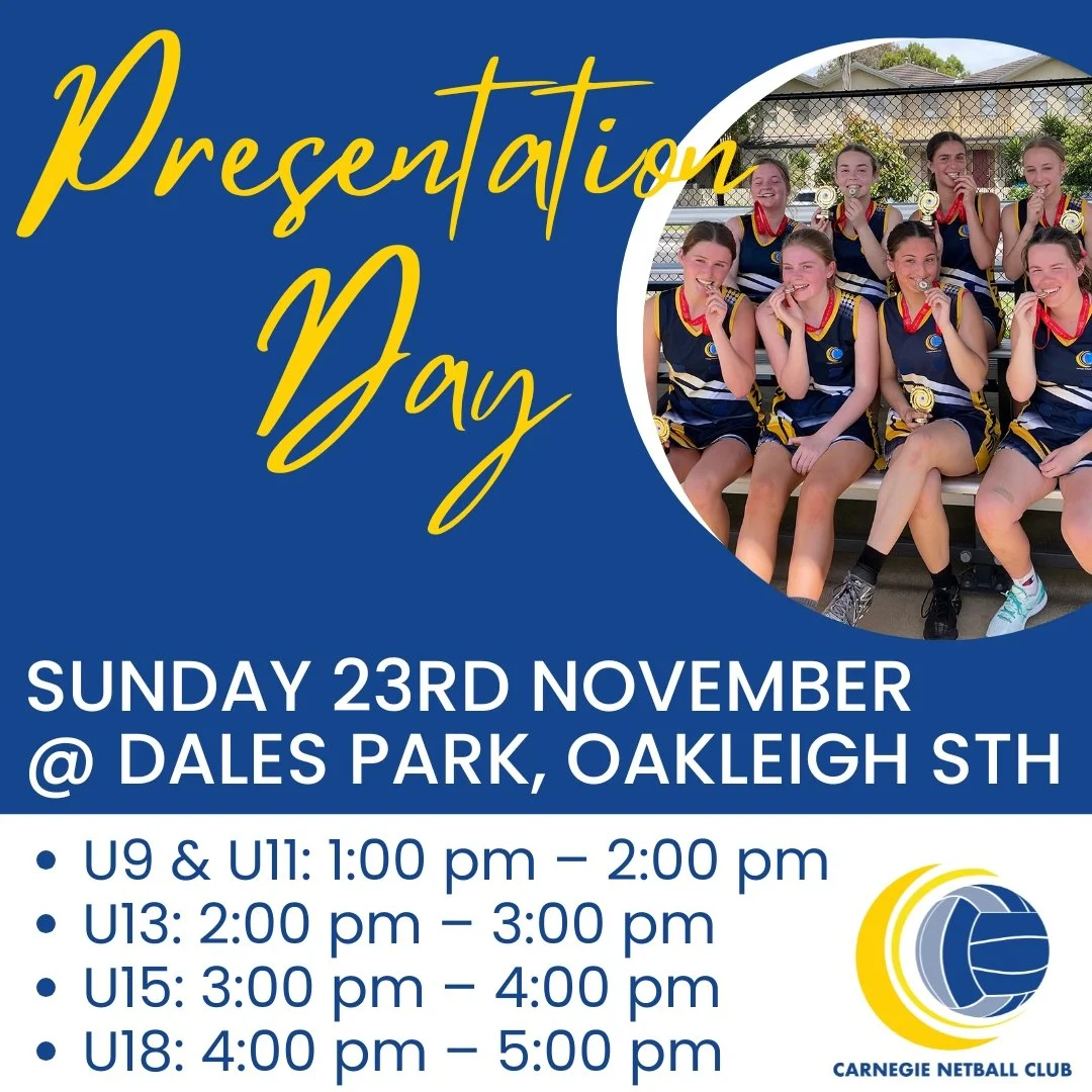 🎉 Carnegie Netball Club 2025 Presentation Day 🔵🟡
Sunday 23rd November, Dales Park, 1A Washington Drive, Oakleigh South (new location!)

Join us as we celebrate another fantastic season! 🏐💙
Session Times:
🕐 U9 &amp; U11 &mdash; 1:00 pm &ndash; 2