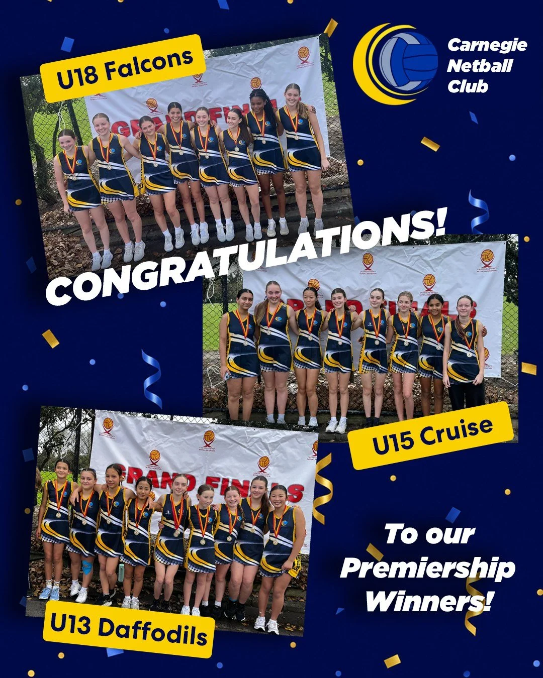 ⭐Wow what a weekend! Congratulations to our Premiership Winners⭐ U18 Falcons, U15 Cruise and U13 Daffodils. 
PLUS a shout out to the Open Kestrels, U13 Pandas and U13 Chaos for achieving runners up in the Grand Finals. 👏⭐ 
A BIG thanks to all the Co