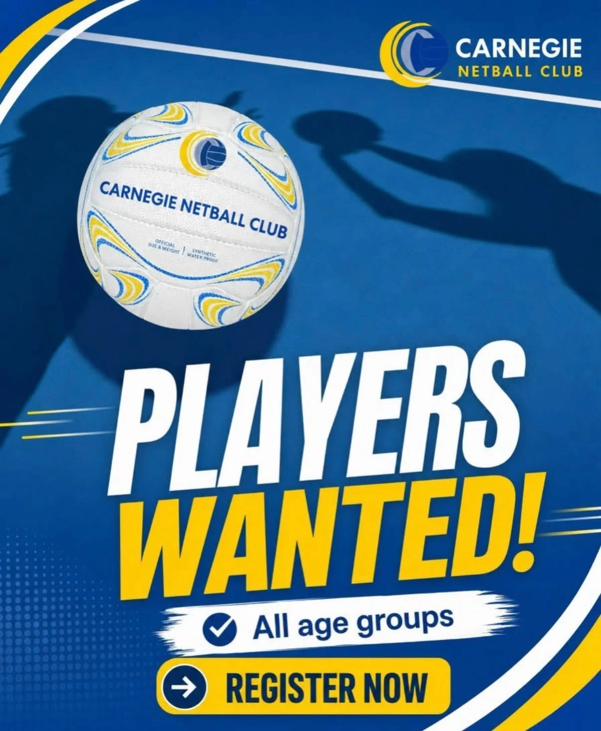 Join Carnegie Netball Club . We&rsquo;re currently seeking
🏐 11 &amp; Under &bull; 5 players 
🏐 15 &amp; Under &bull; Section 1 players 
🏐 18 &amp; Under &bull; 3 players 
🏐 Open (pref. dob &lsquo;04/&lsquo;05) 1&ndash;2 players
📧 To register or