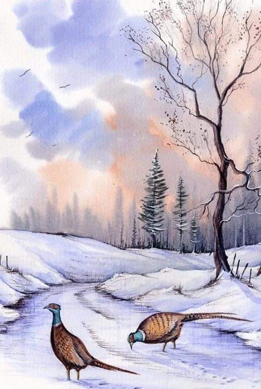 Matthew Palmer Pheasants in the Snow in Watercolour.jpg