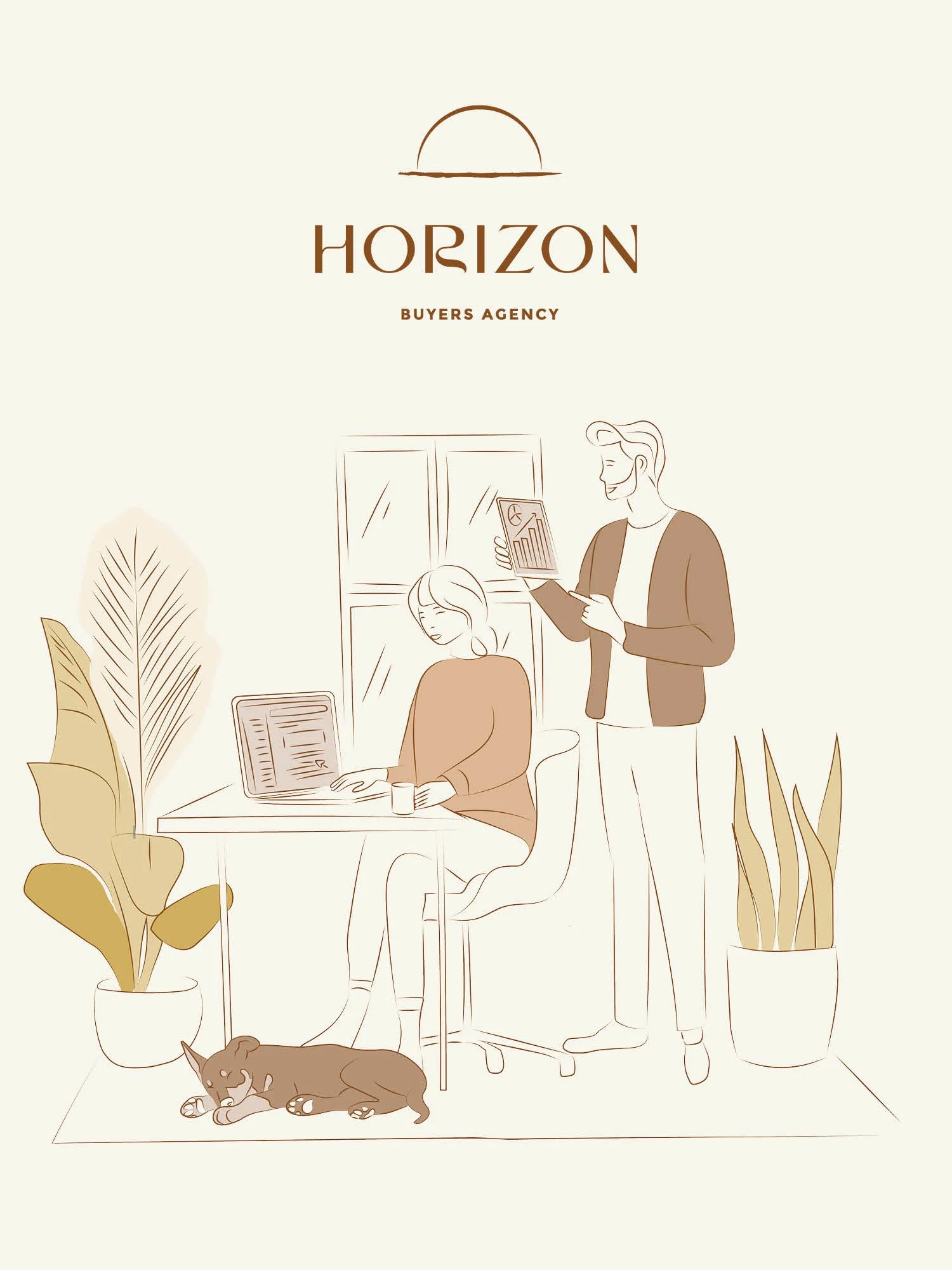 Illustration of two people in an office: a woman sitting at a desk working on a laptop and a man standing next to her holding a tablet and a phone. There are potted plants, a window, and a dog lying on the floor.