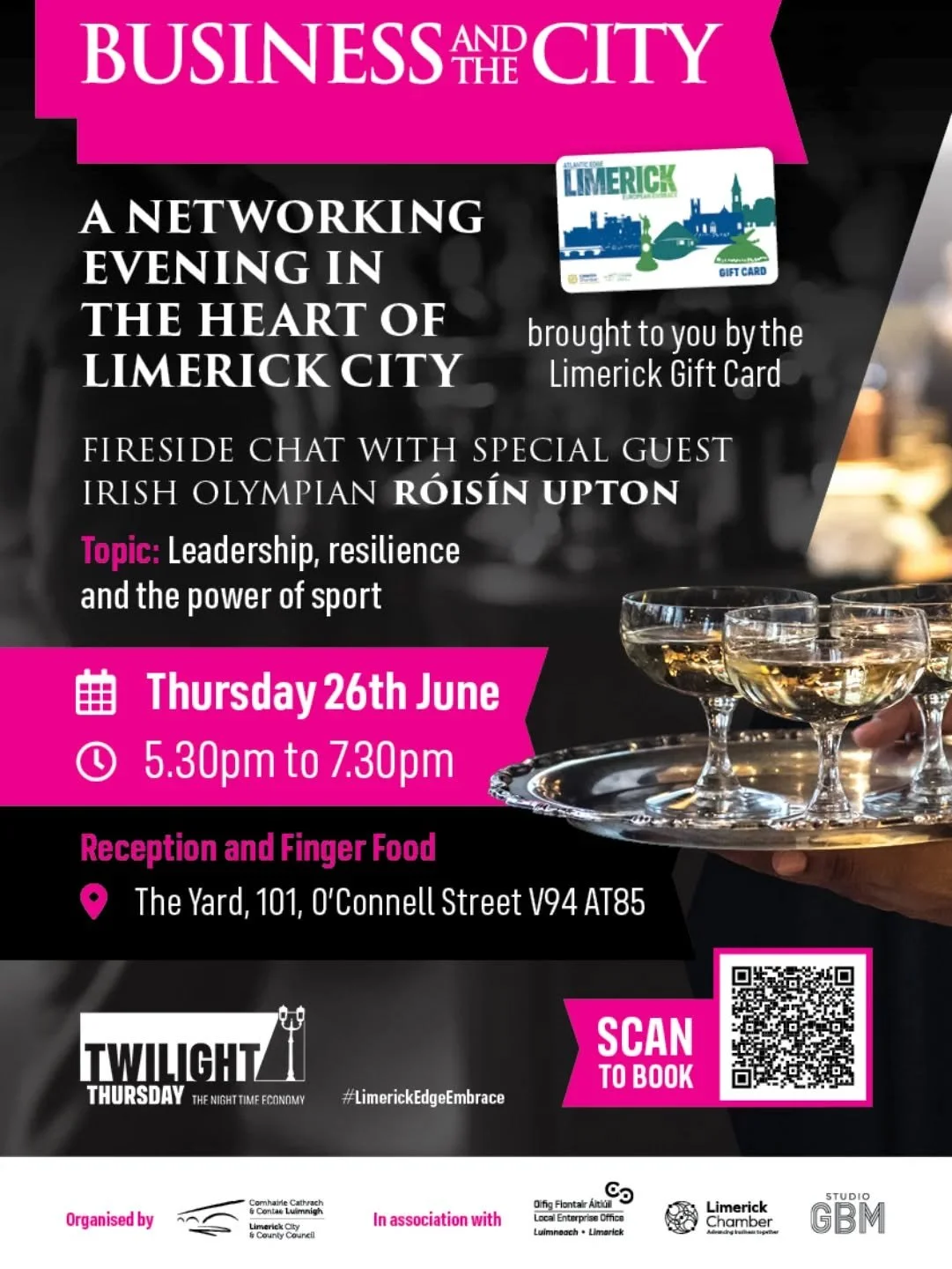 🗓️ A June Date for your Diary

Business and the City

Network after Work on Thurs 26th June

The June event is brought to you by the Limerick Gift Card

🟢 What's on :

Reception

Finger food

Peer learning

🟢 Who will be there :

A fireside chat w