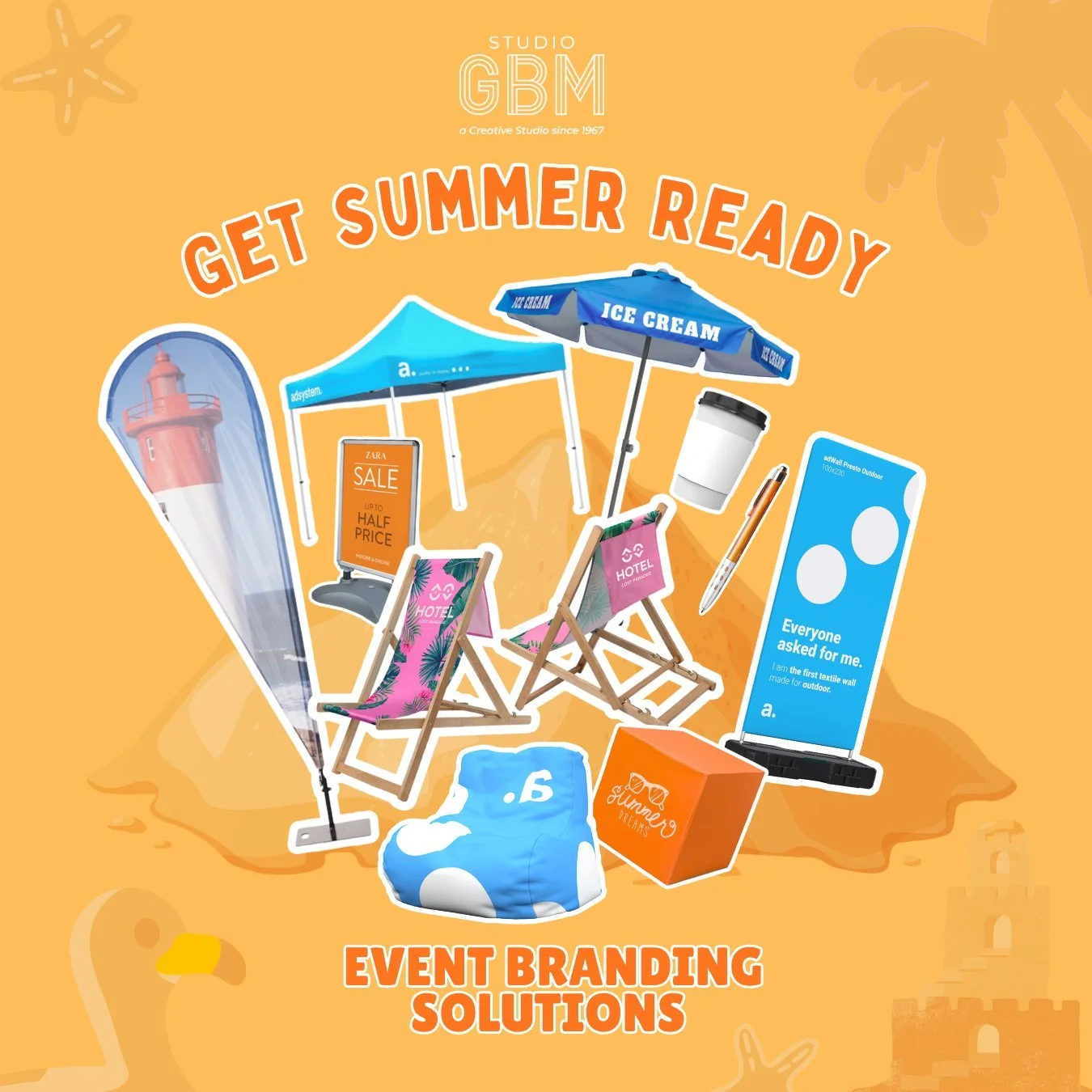 Get summer ready with Studio GBM ☀️

Our new range of branded event products has arrived, perfect for helping your business stand out across Ireland.

From outdoor tents and flags to deck chairs, umbrellas, takeaway cups, pens and more, we&rsquo;ve g