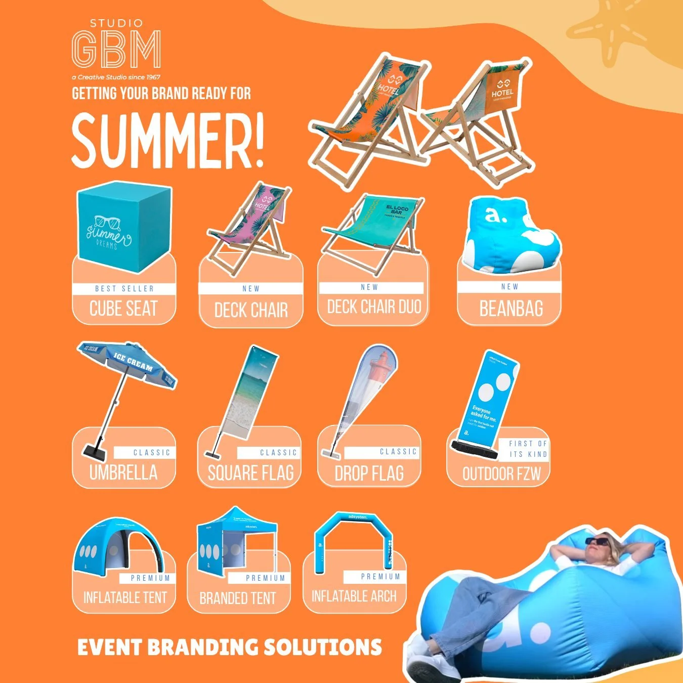 Summer starts with visibility ☀️

Make your brand unmissable with our outdoor range&mdash;
✔️ Deck chairs &amp; beanbags
✔️ Flags &amp; umbrellas
✔️ Branded tents &amp; inflatables
✔️ Event display solutions

Perfect for events, hospitality, retail &