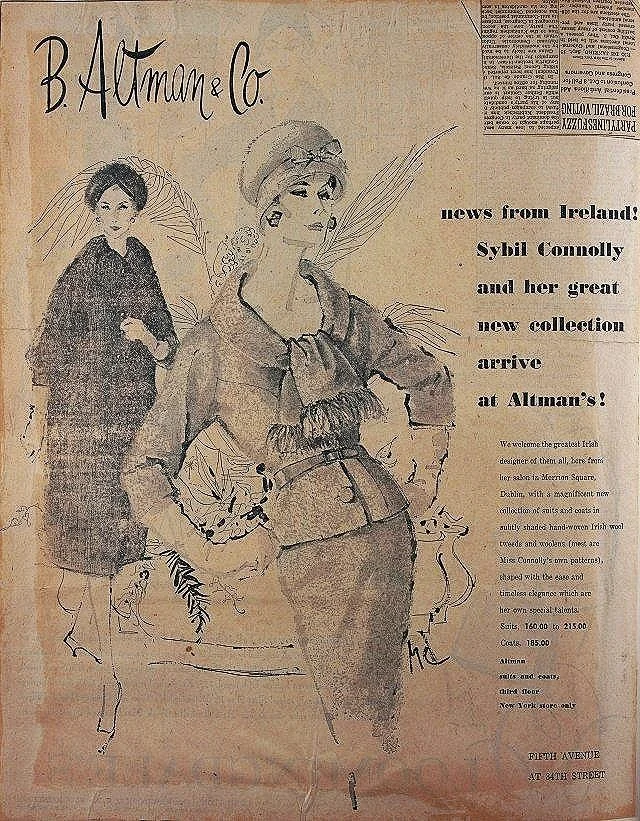 Vintage advertisement for B. Altman & Co. featuring Sybil Connolly's collection, with sketch of two women in elegant outfits.