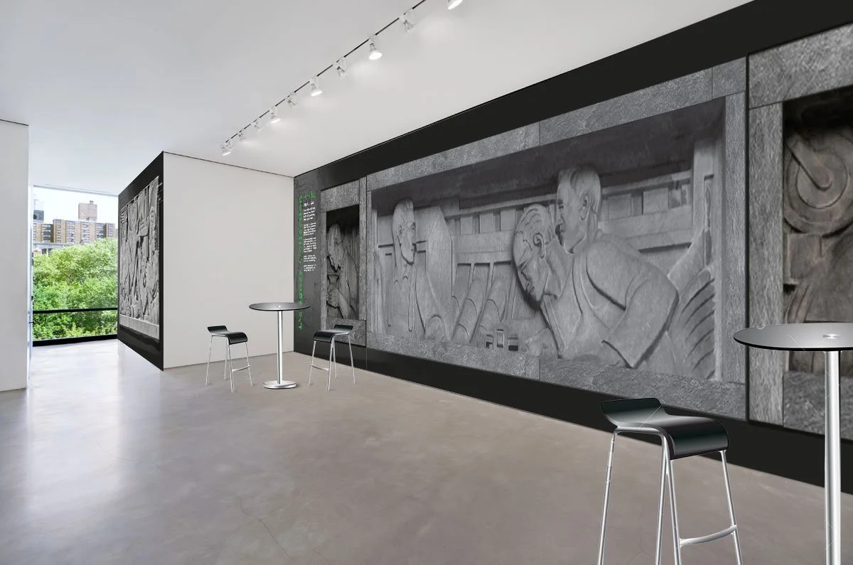 Modern art gallery with a black and gray bas-relief sculpture on the wall illustrating people in a serious conversation, near a window with a city view, and a few small round tables with chairs.
