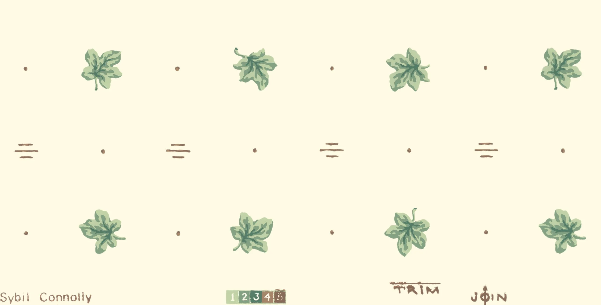 Patterned wallpaper design featuring green leaf motifs and brown accents on a beige background, labeled "Sybil Connolly" with "Trim" and "Join" sections.