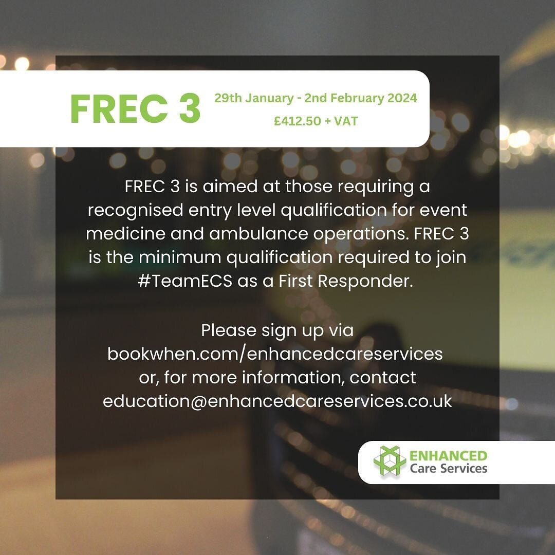 FREC 3 
29th January - 2nd February!

Looking to join #TeamECS? or simply looking to complete your FREC 3! Get your new year off to a fantastic start and book on today! 

Or contact the team for more info!
02380 201561
education@enhancedcareservices.