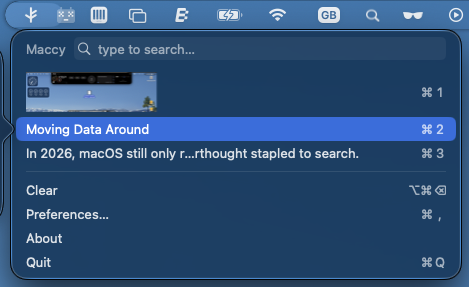 Maccy free clipboard manager showing copy history on macOS