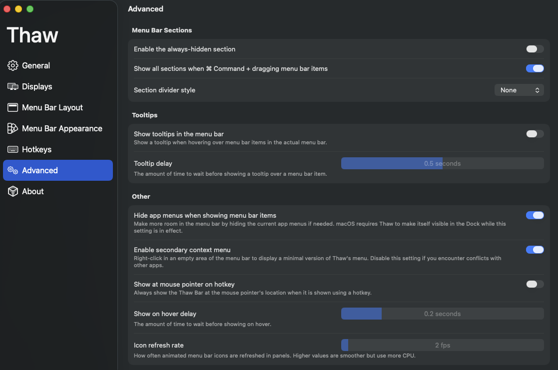 Thaw menu bar manager - Settings Panel