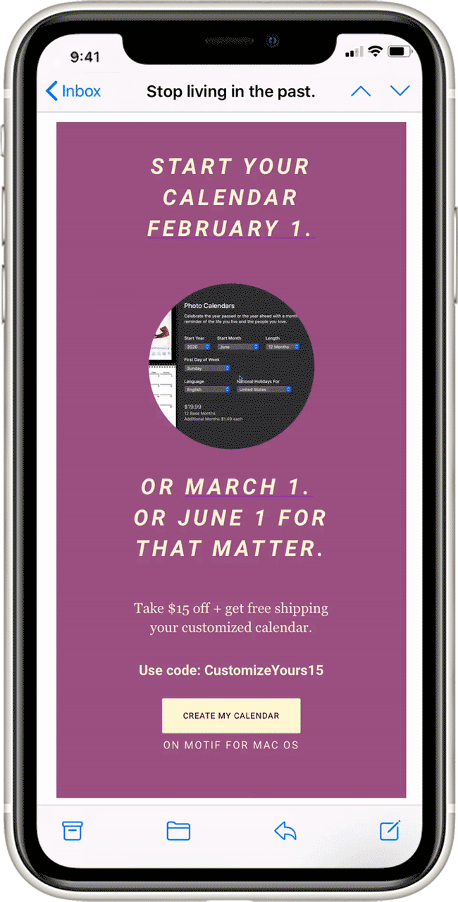 Promo email for calendar product