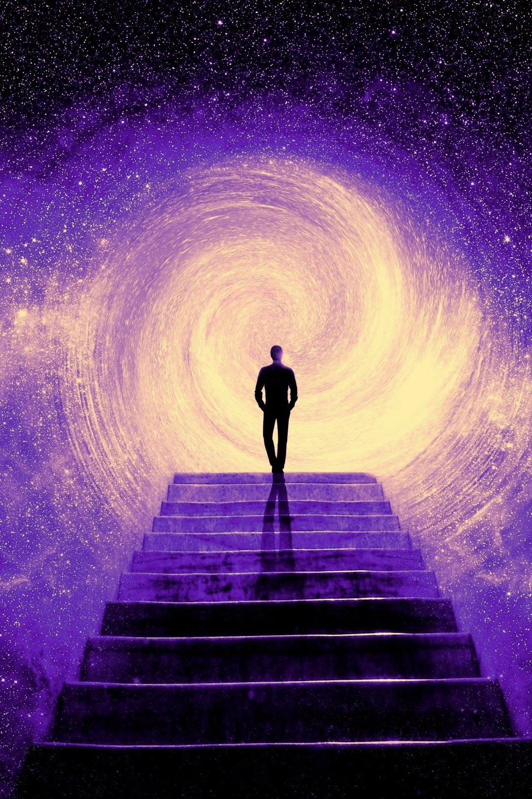 Figure walking up a flight of stairs in space to a vortex of violet and golden light