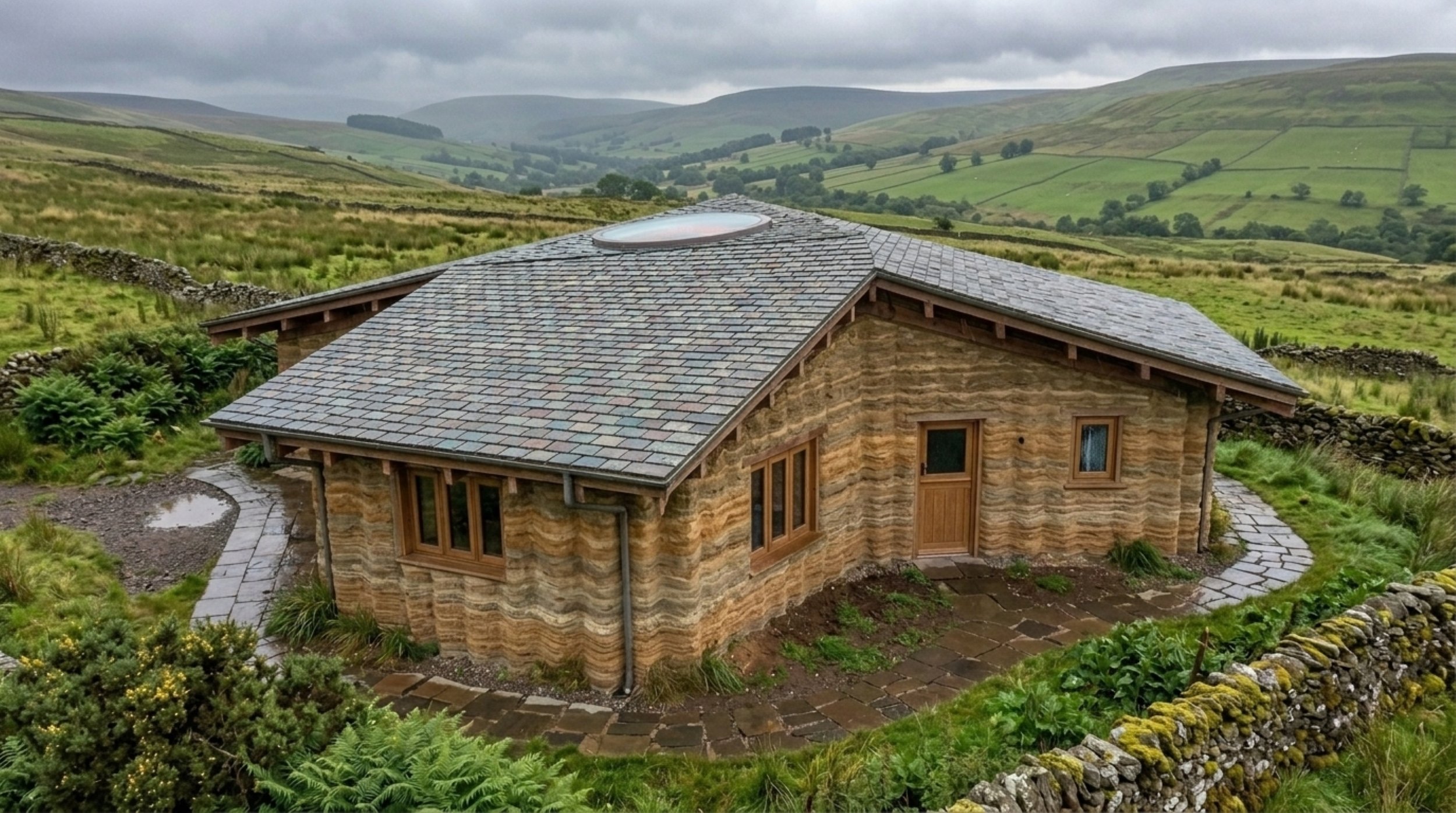 AI-generated visualisation of a 3DPE domestic dwelling in an upland UK landscape, showing layered wall texture and timber-framed openings. Used as a speculative architectural scenario to situate the research. Image: Ben Scott.