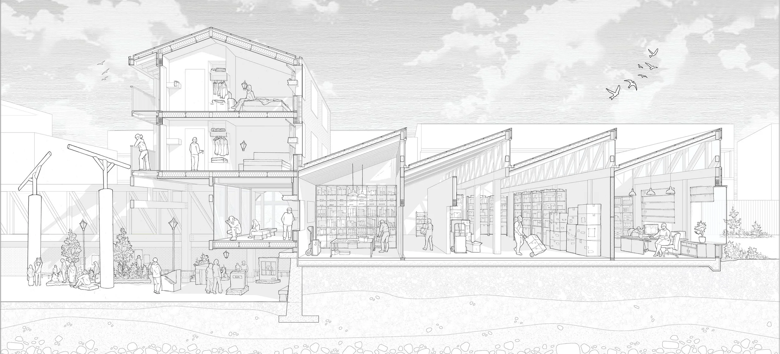 Sectional Perspective of the Astra Hotel, Depot and V&A Bow Local Viewing Platform