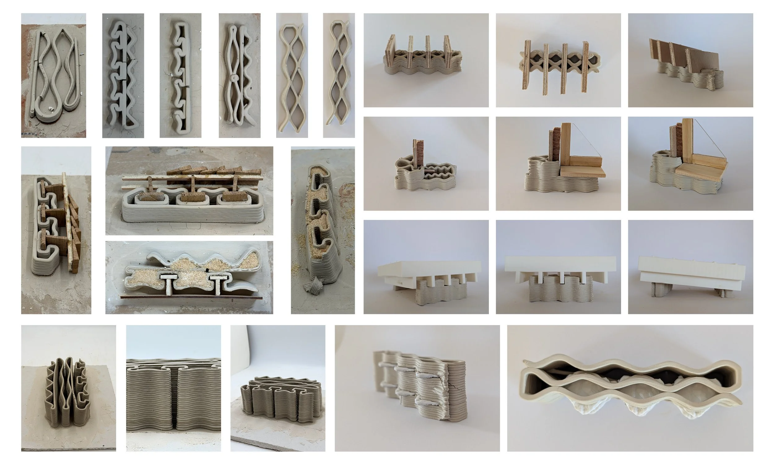 Physical prototype studies: material samples and assembly tests exploring embedded timber elements, insulation integration, foundation connections, and wall section profiles at a range of scales. Image: Ben Scott.