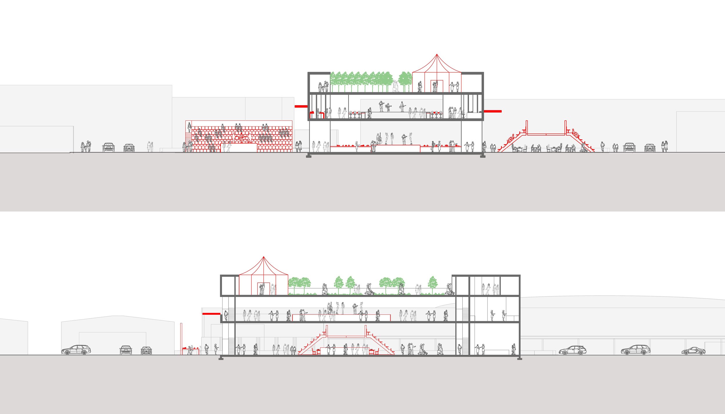 Amelia Heath - Social Glue:
My project aims to connect people across the city by providing spaces for social events: sports stadium, cinema, restaurant, nightclub, concert and spa. Elements of the building move, unfold and slide to transform the sit