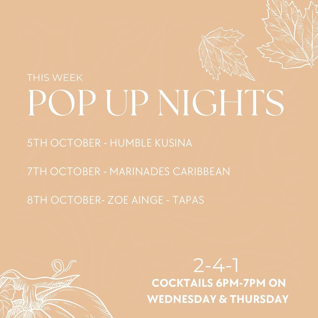 POP UPS THIS WEEK:

5th October - @humblekusinauk 

7th October - @marinadesjerk 

8th October - Zoe Ainge Tapas 

2-4-1 cocktails 🍹🍹

#curiouscafechelt #cheltenham #cotswolds #popupnights