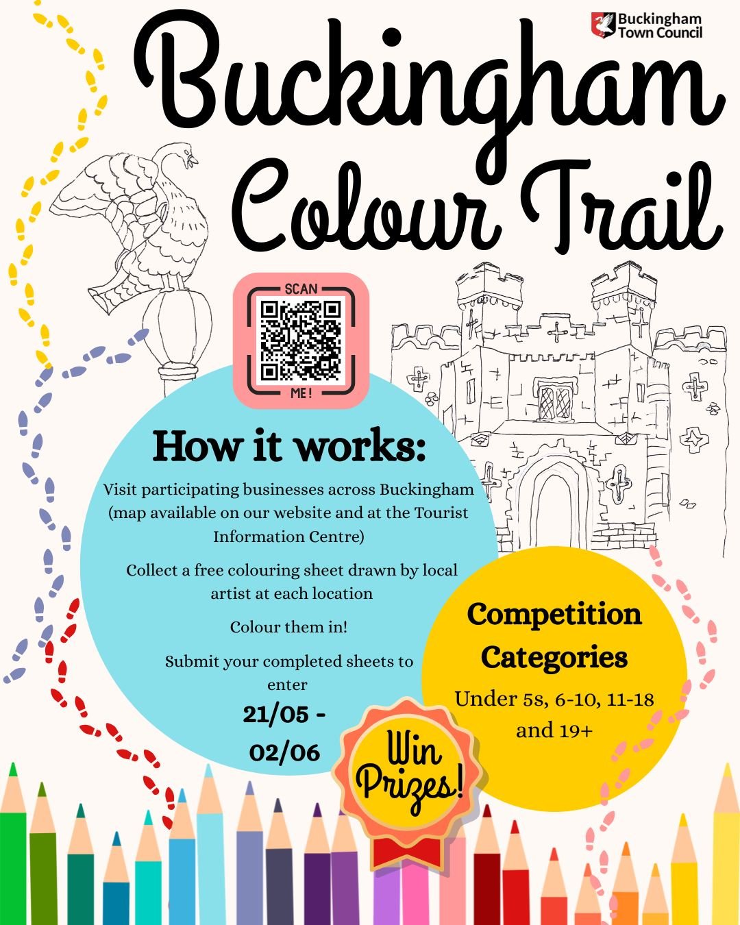 Make a day of it in Buckingham in May Half Term 🎨

Explore charming streets, independent shops, and cosy caf&eacute;s while taking part in our Colour Trail (21 May &ndash; 2 June).

Collect, colour, and discover the town along the way &mdash; the pe