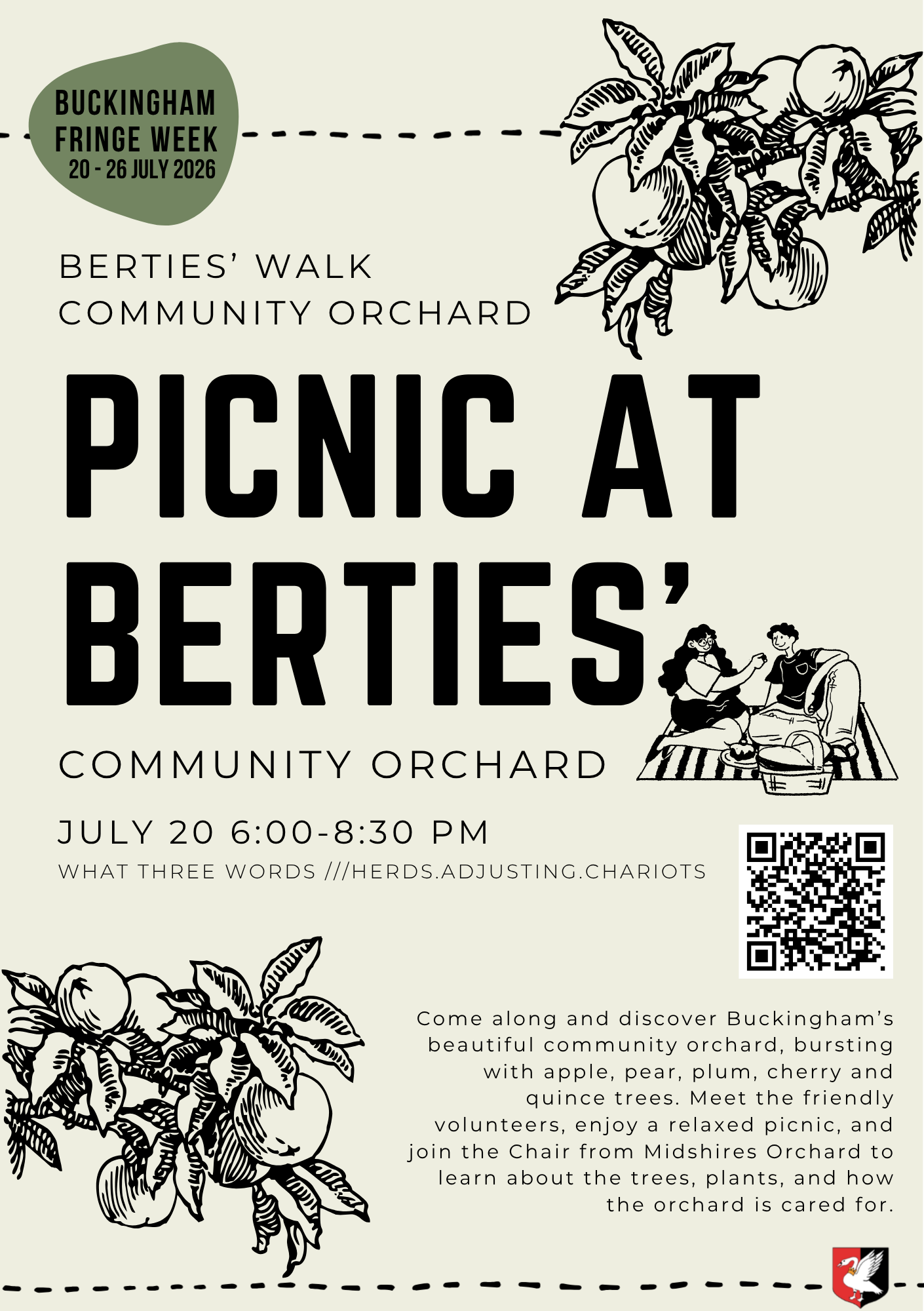 Flyer for Buckingham Fringe Week's Berties' Walk Community Orchard event from July 20-26, 2026, 6:00-8:30 PM, featuring illustrations of fruit trees, a young woman and a man sitting on a picnic blanket, a QR code, and text describing the event with a red and white goose logo.