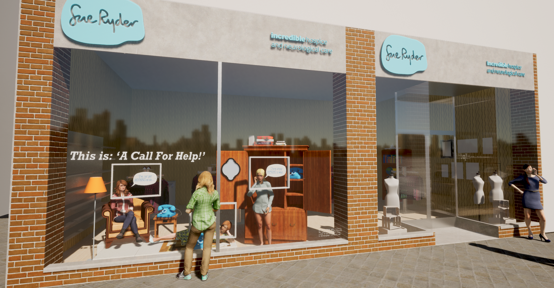‘A Call for Help!’: An installation designed for the window of a Sue Ryder charity store to appeal for good quality donations whilst advertising the range of products available in store.