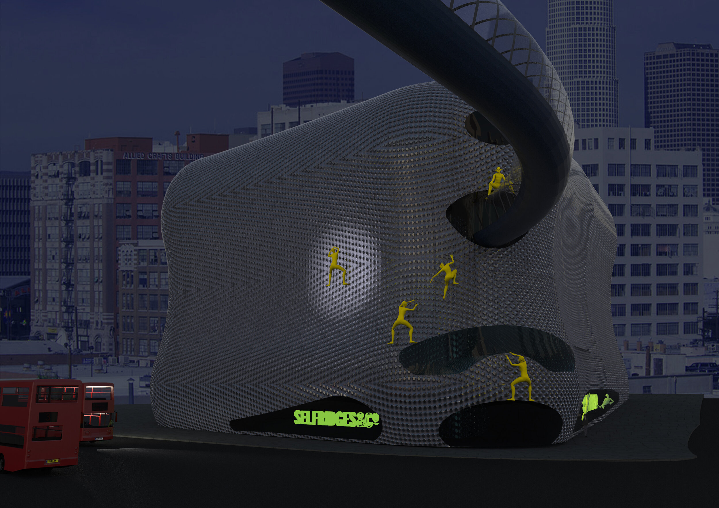 ‘The Cheeky Yellow Creatures’: At night, a search light ebbs and flows around the organic structure of this unique landmark trying to catch the creatures in their mischievous acts.