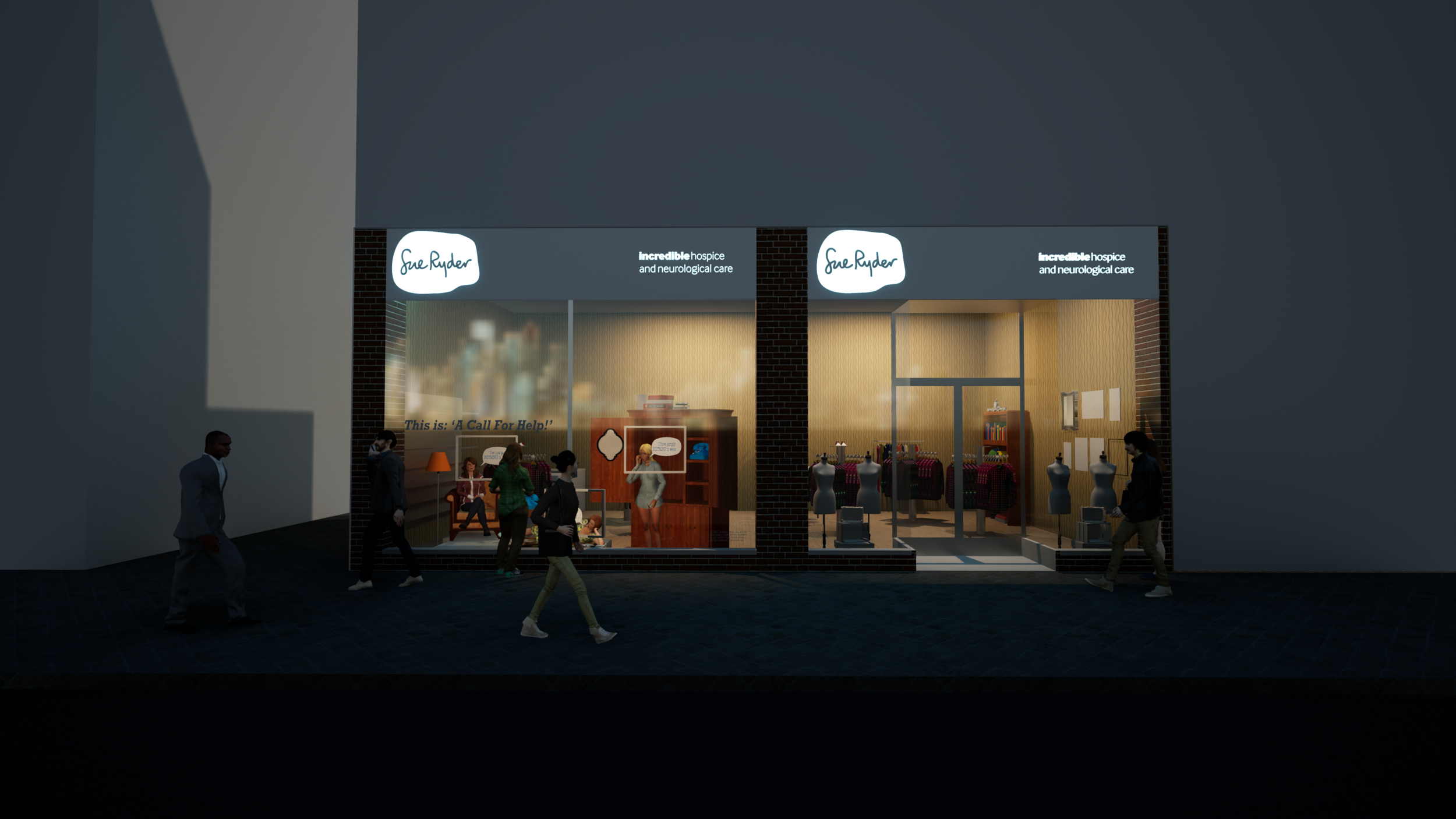 ‘A Call for Help!’: Initially meant for realisation, this digital model was the best way to consider how my installation would work within the space and context of the store whilst it remained closed.