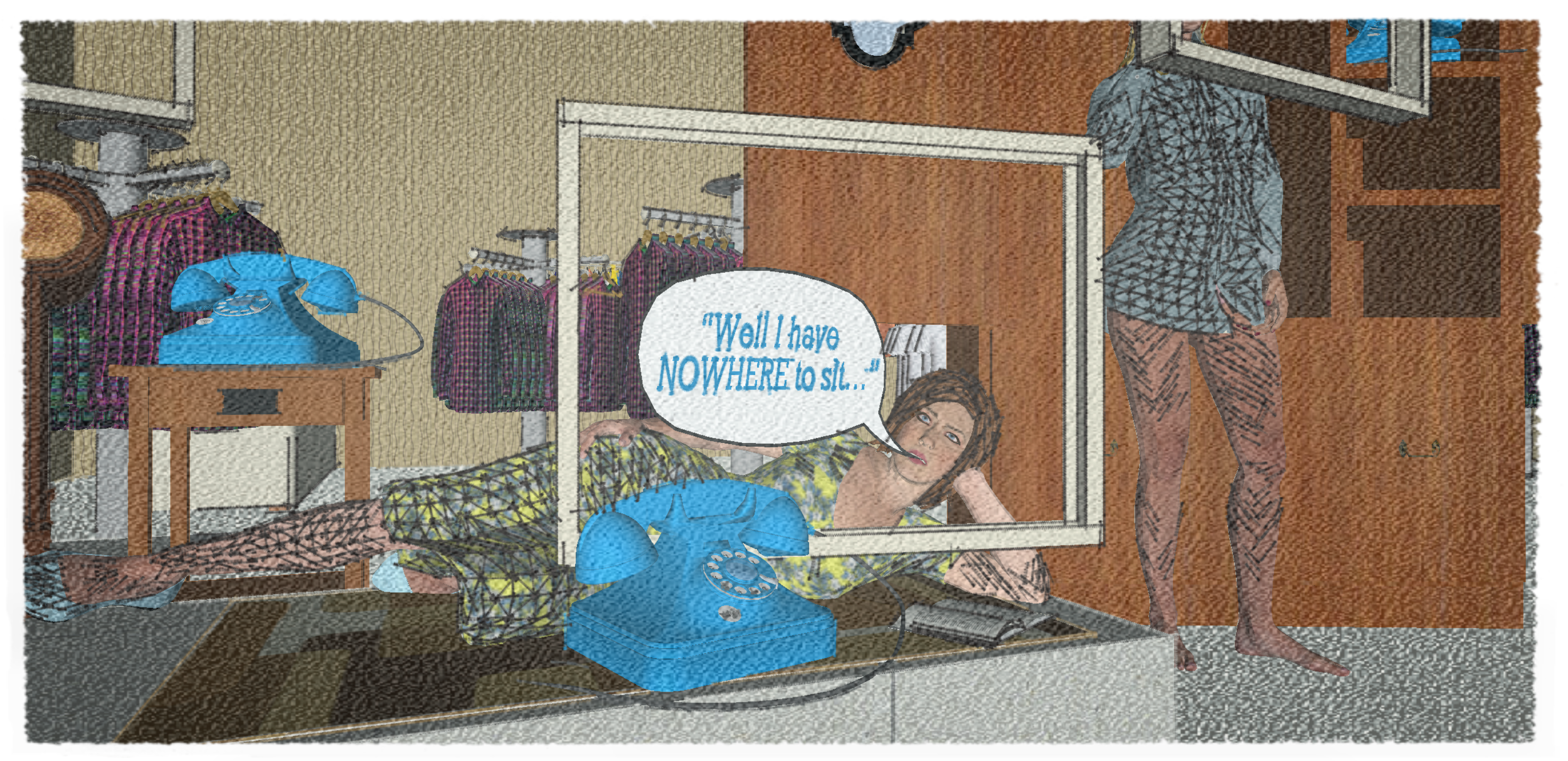 “Well I have nowhere to sit...”: This exciting and stylised installation harnesses aspects of Pop art to present the audience with a new narrative in a recognisable format and established tone.