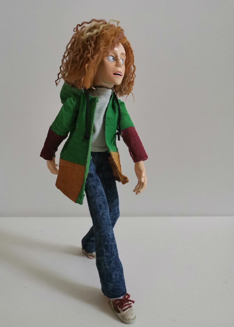 My stop motion animation puppet in a dynamic pose demonstrating that it’s suitable for animation.