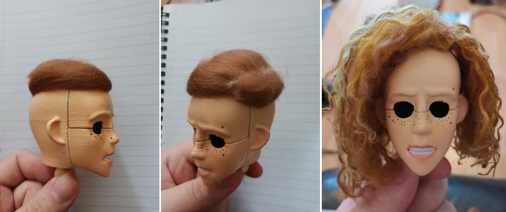 Wig cap hand-made from coloured woollen fibres to create hair for my stop motion animation puppet.