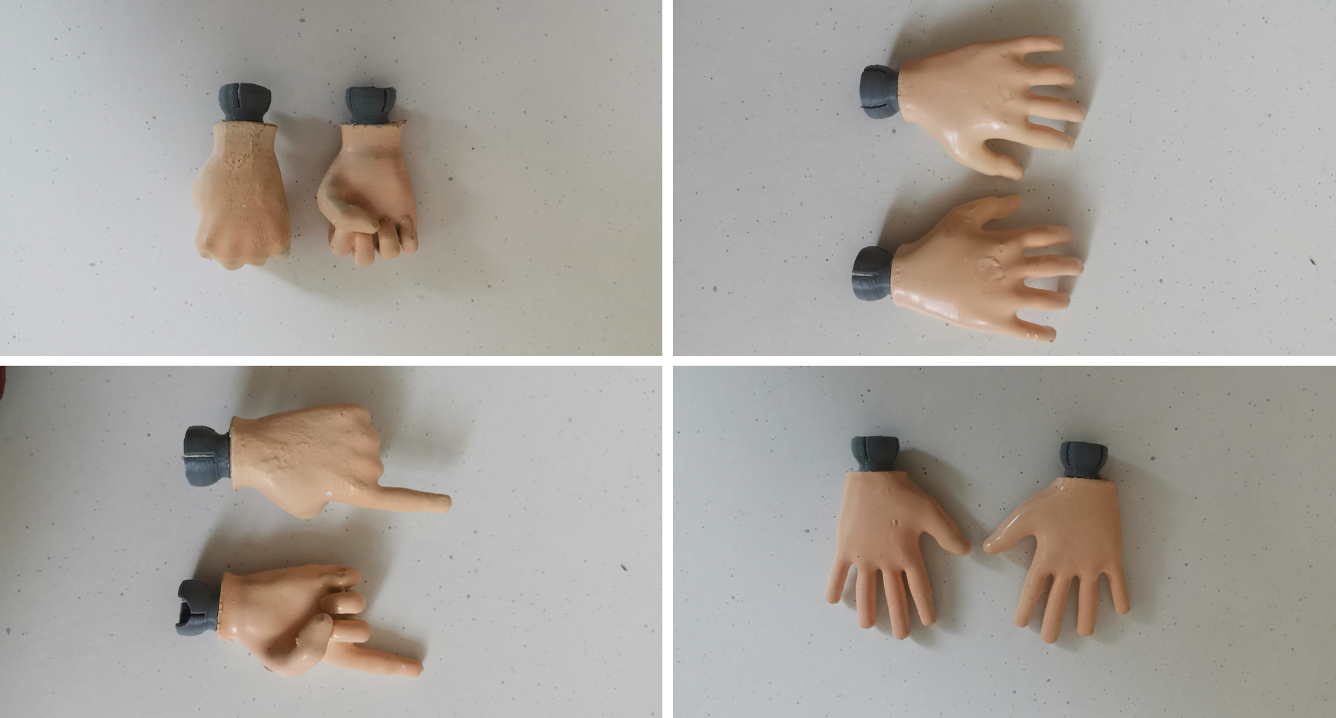 Hands that were sculpted and posed in a 3D computer graphics software (Blender), 3D printed and painted.