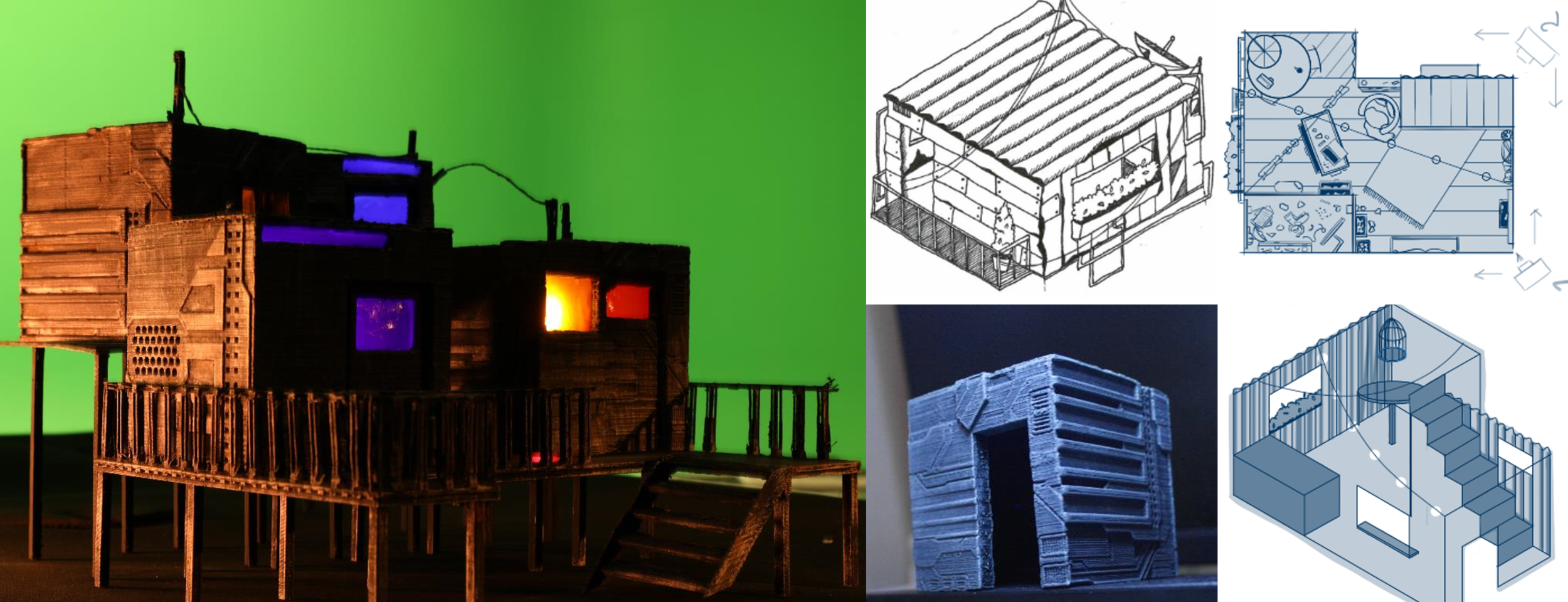 Set design sculpted using 3D computer graphics software (Blender) and 3D printed.
